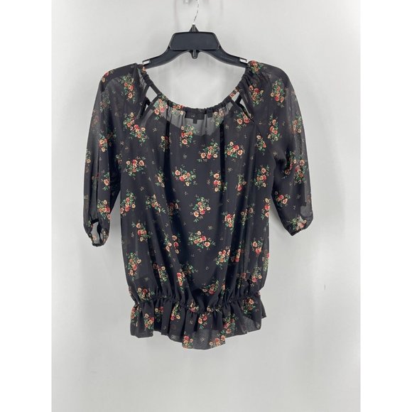 Guess Women's Sheer Short Sleeve Black Floral Peasant Boho Top Blouse Size XS - Picture 4 of 15